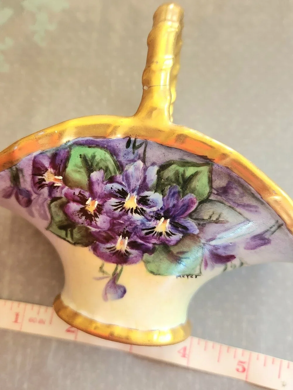 Vtg LIMOGES Purple Hand-Painted Violets Floral Porcelain Basket Gold Accents B&C